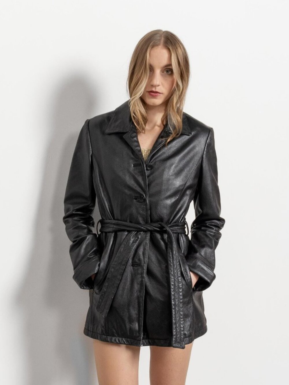 BLACK LEATHER JACKET Belted Vintage Trench / Small